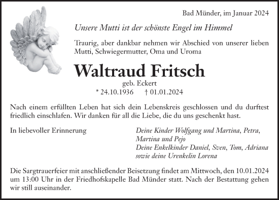 Traueranzeige von Waltraud Fritsch von Neue Deister-Zeitung