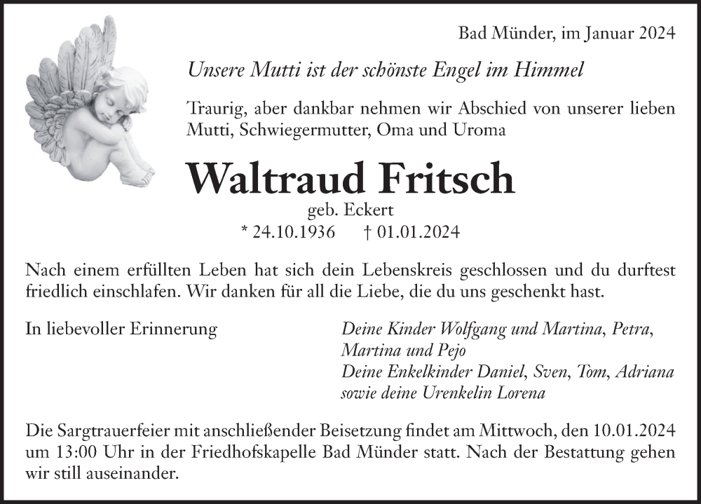  Traueranzeige für Waltraud Fritsch vom 06.01.2024 aus Neue Deister-Zeitung