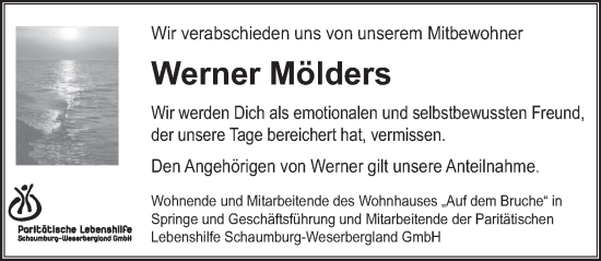 Traueranzeige von Werner Mölders von Neue Deister-Zeitung