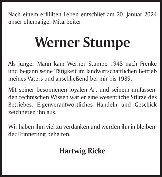 Traueranzeige von Werner Stumpe von Deister- und Weserzeitung