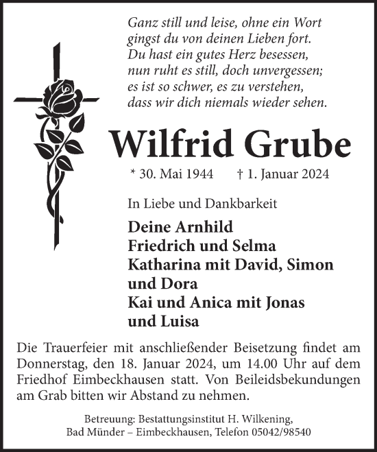 Traueranzeige von Wilfrid Grube von Neue Deister-Zeitung