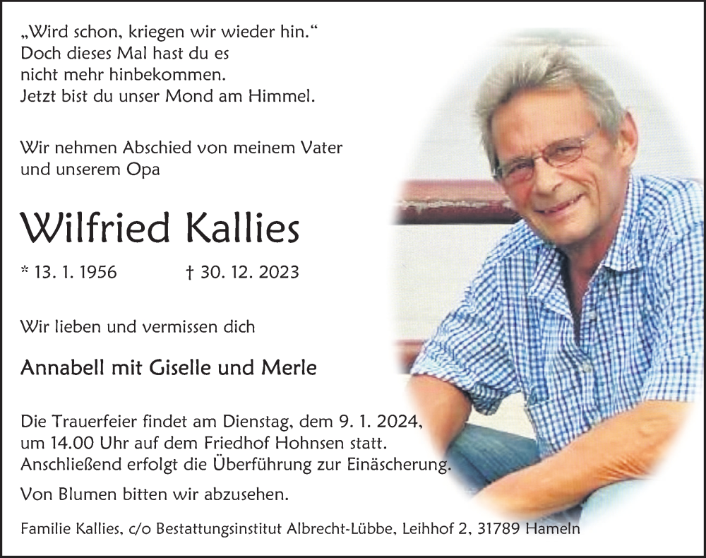  Traueranzeige für Wilfried Kallies vom 05.01.2024 aus Deister- und Weserzeitung