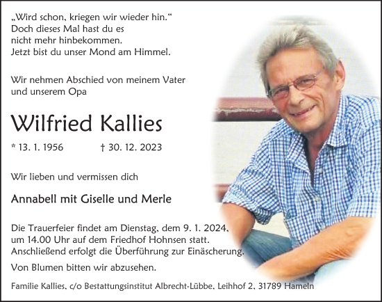 Traueranzeige von Wilfried Kallies von Deister- und Weserzeitung