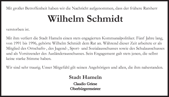 Traueranzeige von Wilhelm Schmidt von Deister- und Weserzeitung