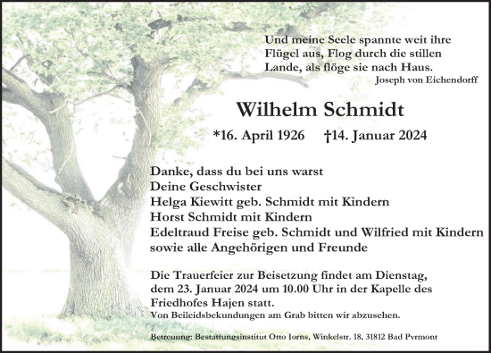 Traueranzeige von Wilhelm Schmidt von Deister- und Weserzeitung
