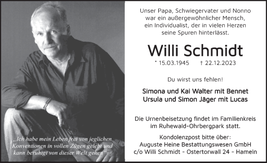 Traueranzeige von Willi Schmidt von Deister- und Weserzeitung