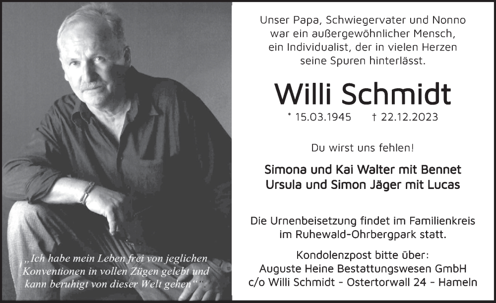  Traueranzeige für Willi Schmidt vom 13.01.2024 aus Deister- und Weserzeitung