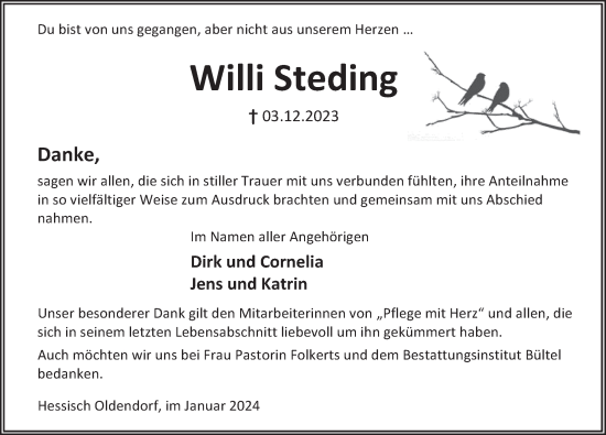 Traueranzeige von Willi Steding von Deister- und Weserzeitung