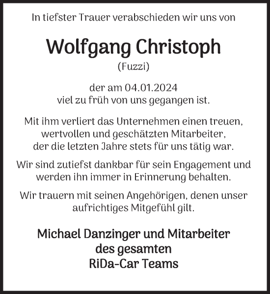 Traueranzeige von Wolfgang Christoph von Deister- und Weserzeitung
