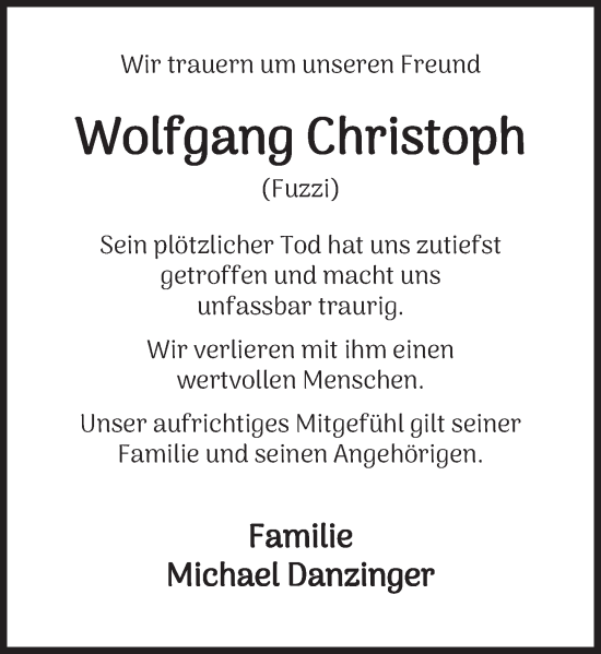 Traueranzeige von Wolfgang Christoph von Deister- und Weserzeitung