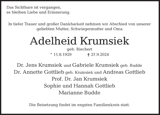 Traueranzeige von Adelheid Krumsiek von Deister- und Weserzeitung