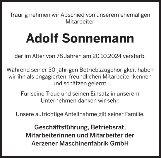 Traueranzeige von Adolf Sonnemann von Deister- und Weserzeitung