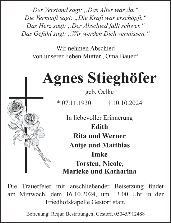 Traueranzeige von Agnes Stieghöfer von Neue Deister-Zeitung