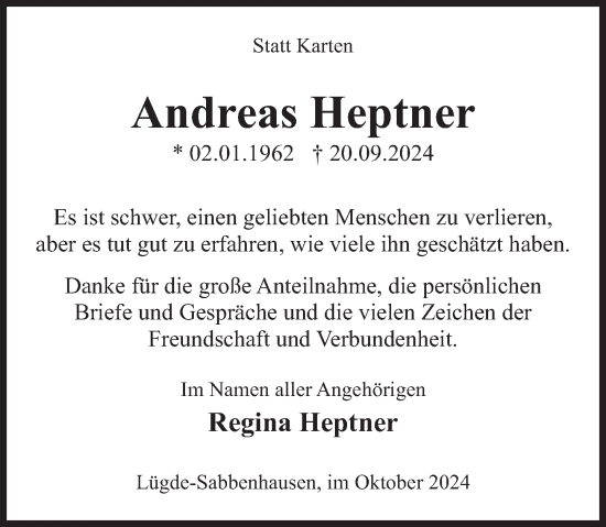 Traueranzeige von Andreas Heptner von Deister- und Weserzeitung