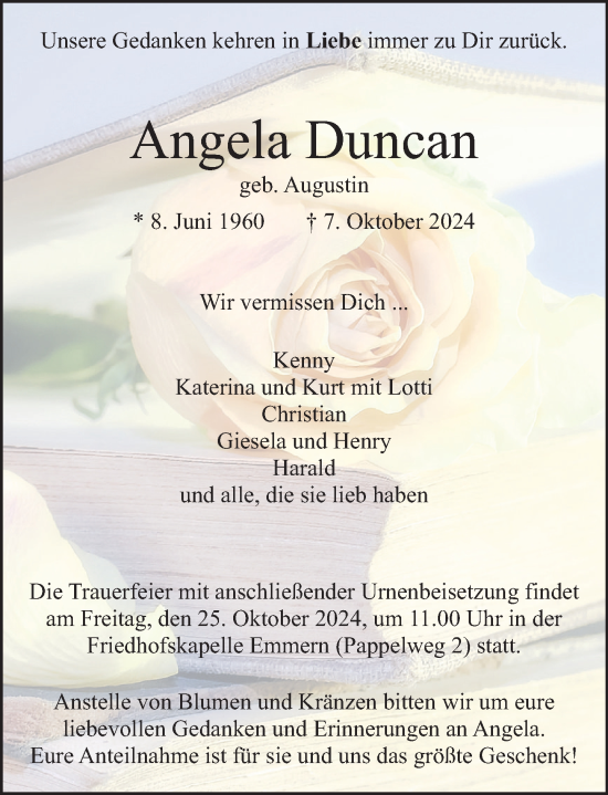 Traueranzeige von Angela Duncan von Deister- und Weserzeitung