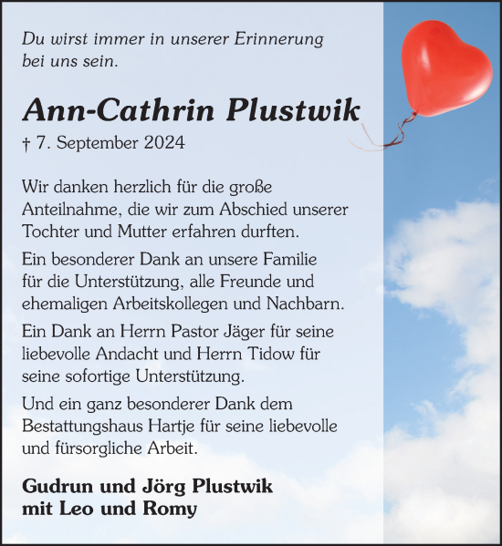 Traueranzeige von Ann-Cathrin Plustwik von Neue Deister-Zeitung