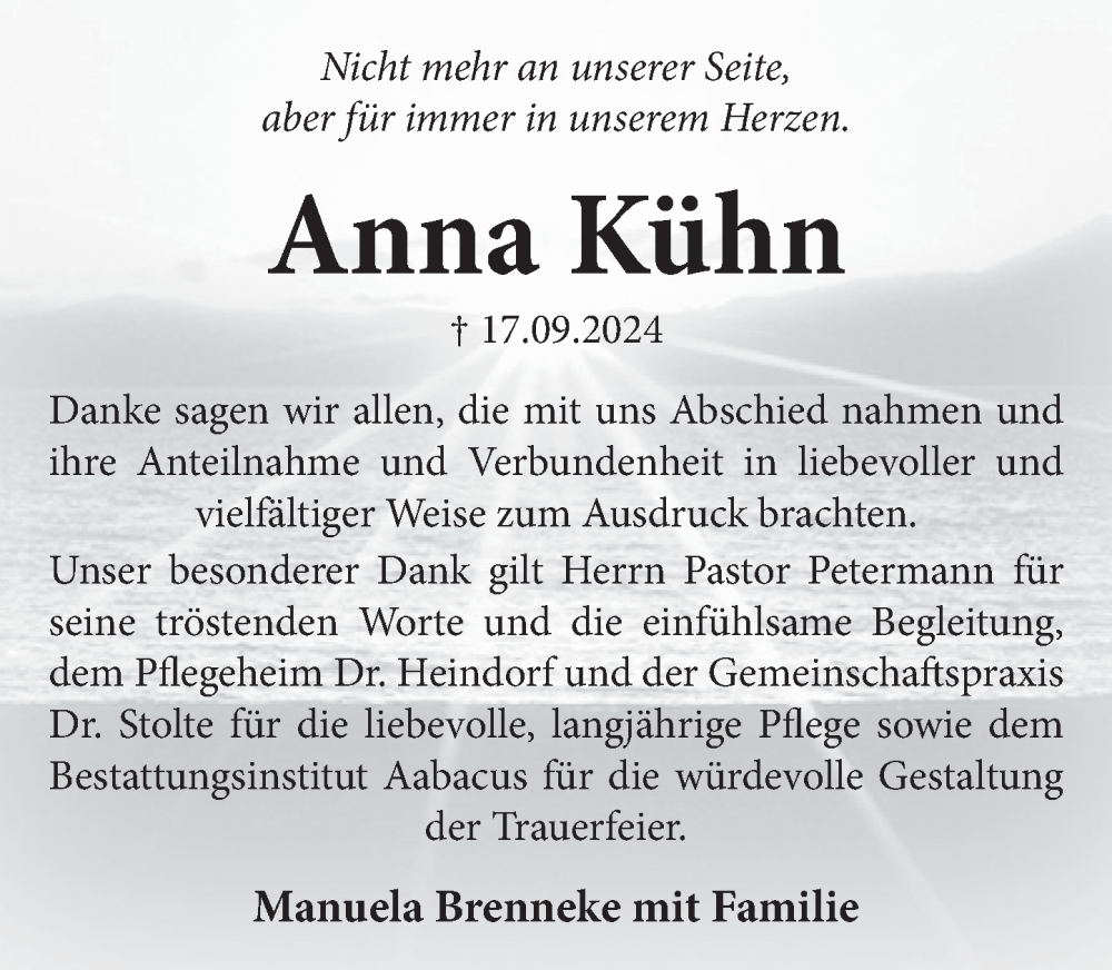  Traueranzeige für Anna Kühn vom 26.10.2024 aus Neue Deister-Zeitung