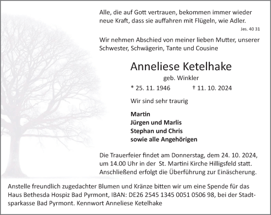 Traueranzeige von Anneliese Ketelhake von Deister- und Weserzeitung