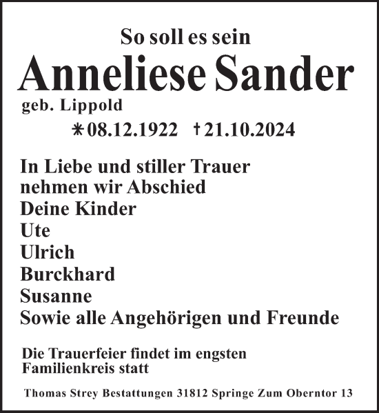 Traueranzeige von Anneliese Sander von Neue Deister-Zeitung