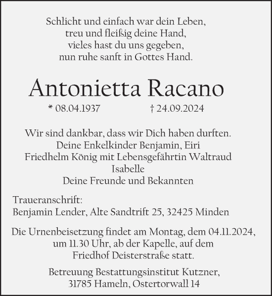 Traueranzeige von Antonietta Racano von Deister- und Weserzeitung