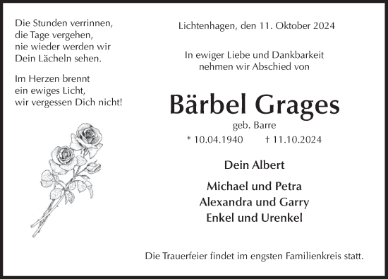 Traueranzeige von Bärbel Grages von Deister- und Weserzeitung