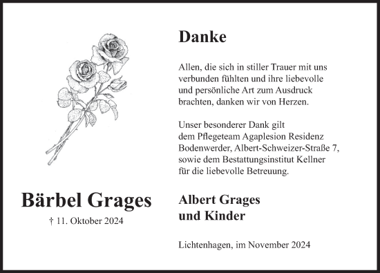 Traueranzeige von Bärbel Grages von Deister- und Weserzeitung