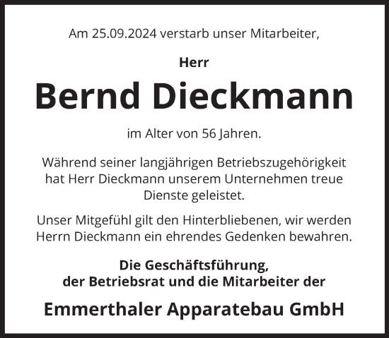 Traueranzeige von Bernd Dieckmann von Deister- und Weserzeitung