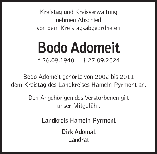 Traueranzeige von Bodo Adomeit von Deister- und Weserzeitung