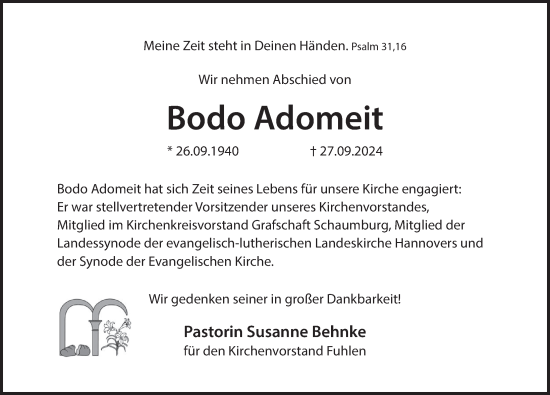 Traueranzeige von Bodo Adomeit von Deister- und Weserzeitung