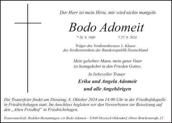 Traueranzeige von Bodo Adomeit von Deister- und Weserzeitung