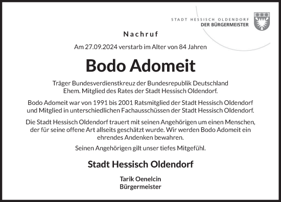 Traueranzeige von Bodo Adomeit von Deister- und Weserzeitung