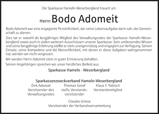 Traueranzeige von Bodo Adomeit von Deister- und Weserzeitung