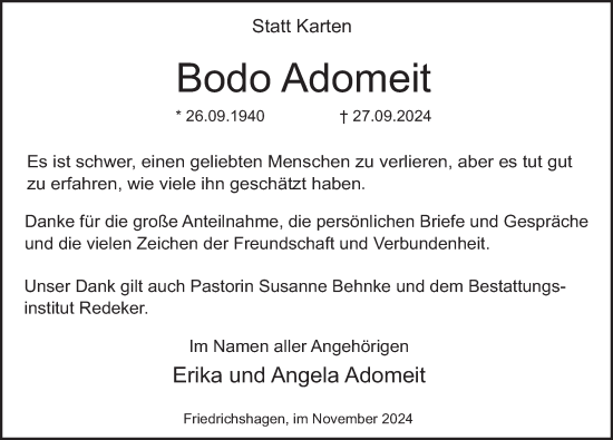 Traueranzeige von Bodo Adomeit von Deister- und Weserzeitung