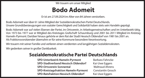 Traueranzeige von Bodo Adomeit von Deister- und Weserzeitung