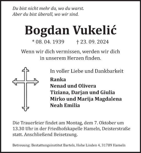 Traueranzeige von Bogdan Vukelic von Deister- und Weserzeitung