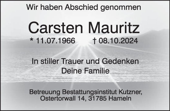 Traueranzeige von Carsten Mauritz von Deister- und Weserzeitung