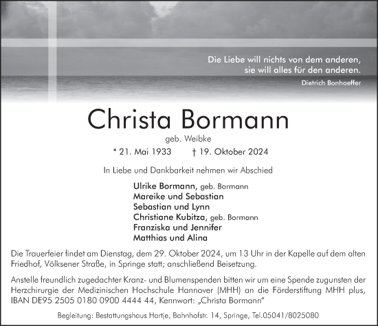 Traueranzeige von Christa Bormann von Neue Deister-Zeitung