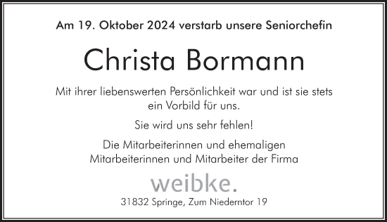 Traueranzeige von Christa Bormann von Neue Deister-Zeitung