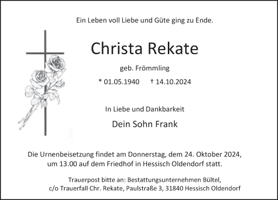 Traueranzeige von Christa Rekate von Deister- und Weserzeitung