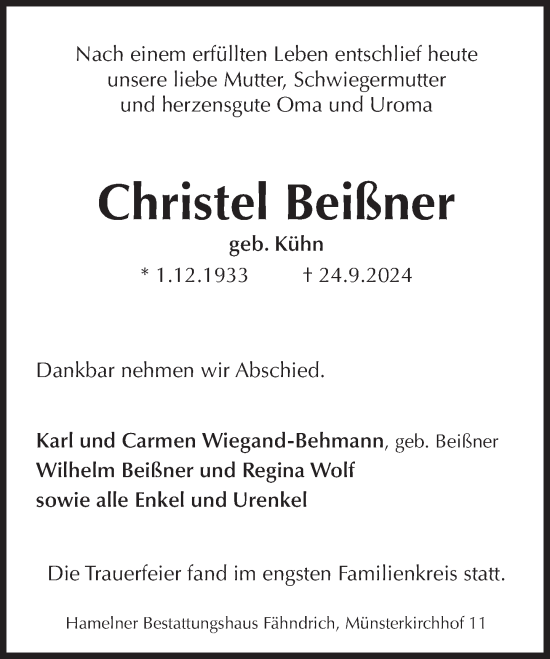 Traueranzeige von Christel Beißner von Deister- und Weserzeitung