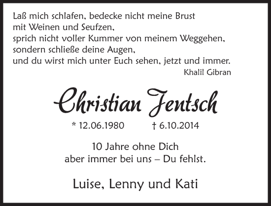 Traueranzeige von Christian Jentsch von Deister- und Weserzeitung