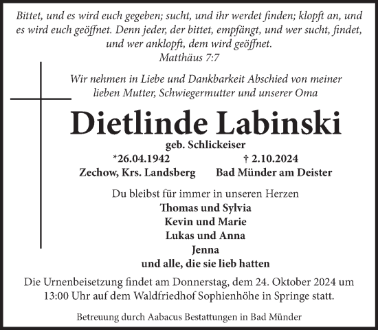 Traueranzeige von Dietlinde Labinski von Neue Deister-Zeitung