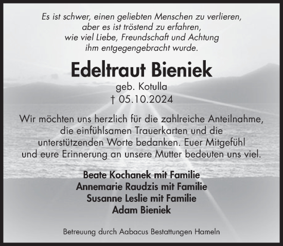 Traueranzeige von Edeltraut Bieniek von Deister- und Weserzeitung