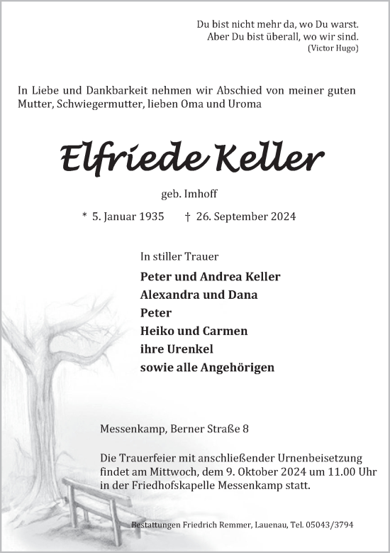 Traueranzeige von Elfriede Keller von Deister- und Weserzeitung