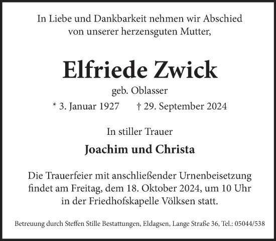 Traueranzeige von Elfriede Zwick von Neue Deister-Zeitung