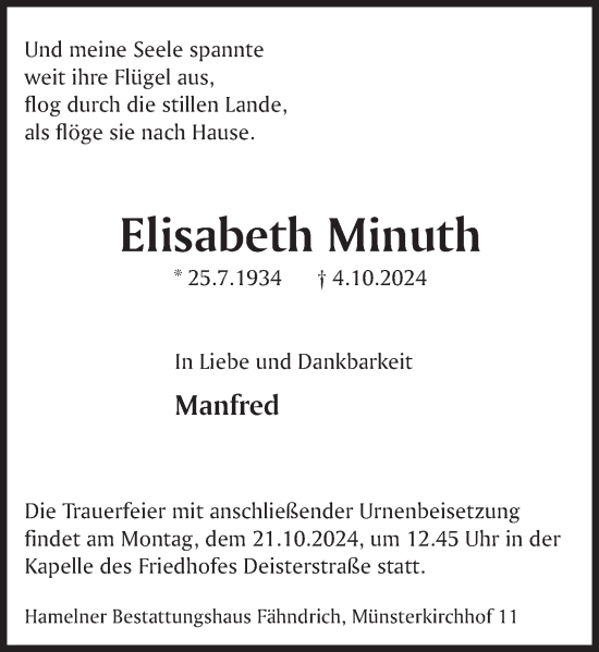 Traueranzeige von Elisabeth Minuth von Deister- und Weserzeitung