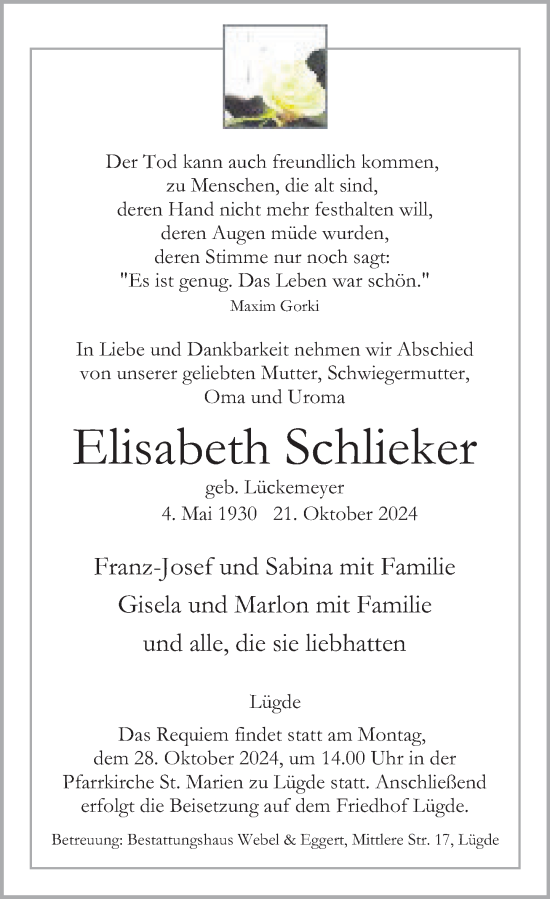 Traueranzeige von Elisabeth Schlieker von Deister- und Weserzeitung