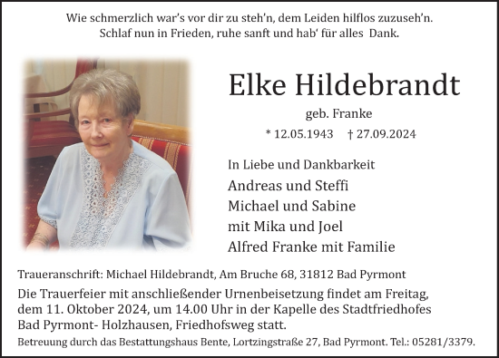 Traueranzeige von Elke Hildebrandt von Deister- und Weserzeitung