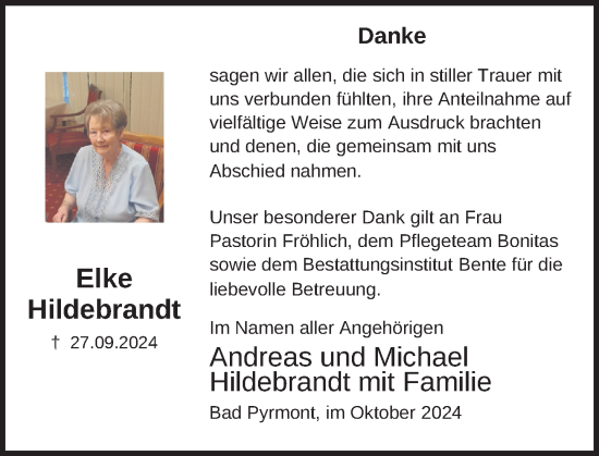 Traueranzeige von Elke Hildebrandt von Deister- und Weserzeitung