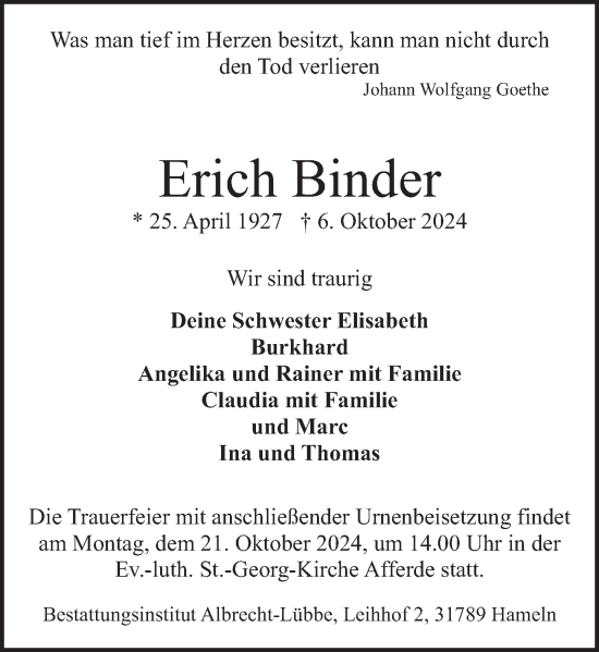 Traueranzeige von Erich Binder von Deister- und Weserzeitung